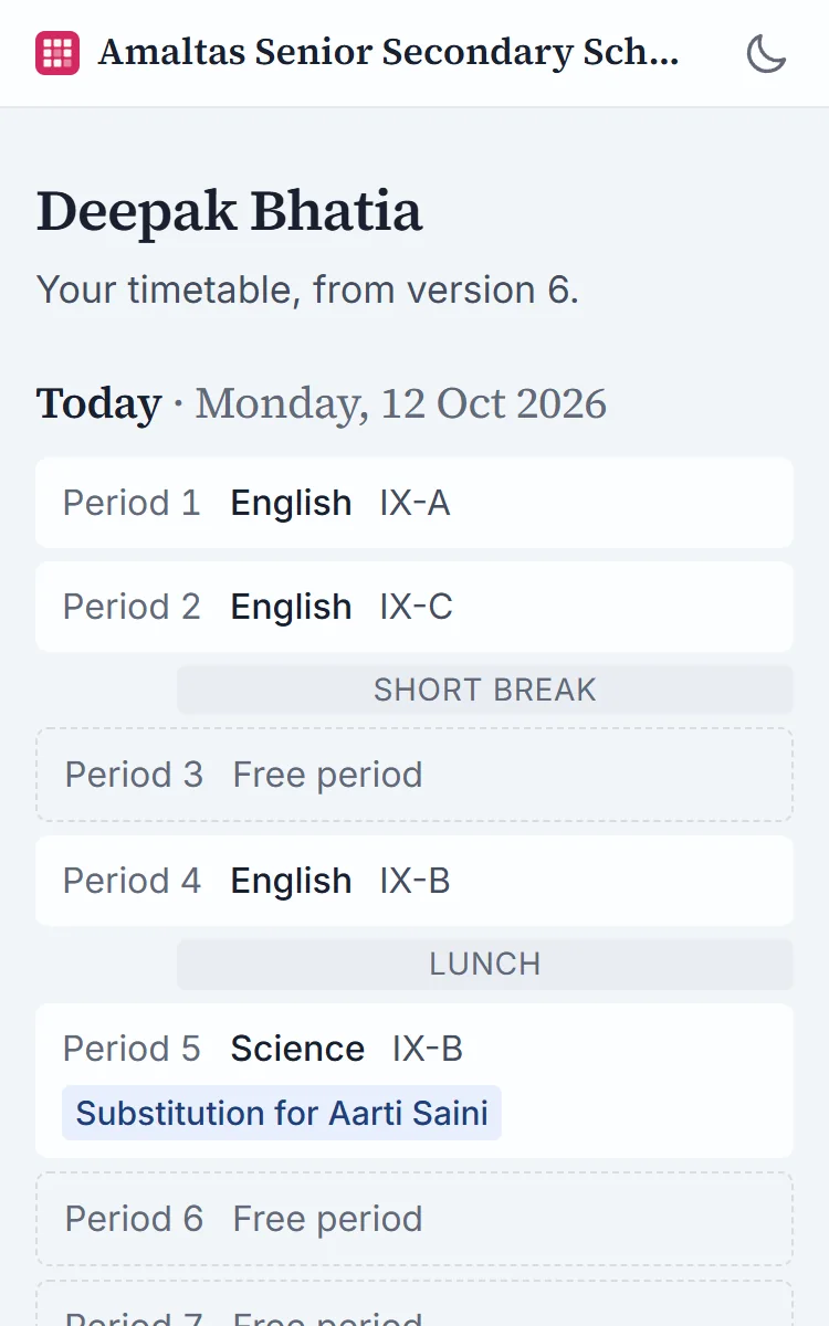 A teacher's day on a phone: Monday's eight periods in order, with the breaks, free periods and one substitution.