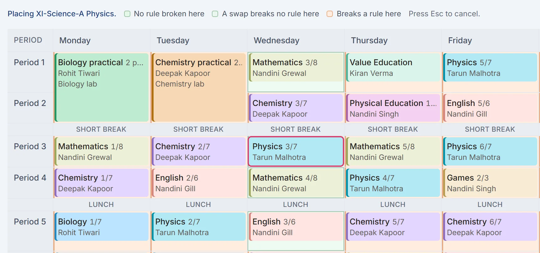 A Physics lesson picked up in the timetable editor. A line above the week explains the marks: no rule broken here, a swap breaks no rule here, breaks a rule here.