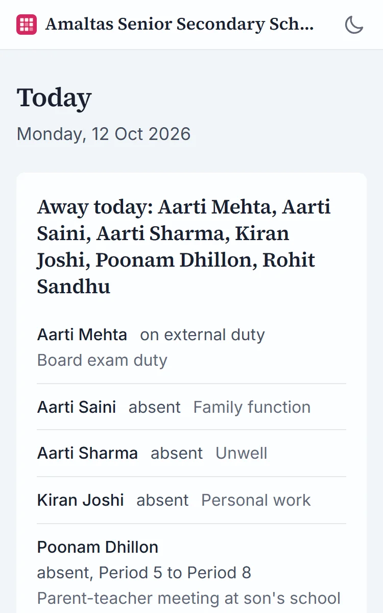 Today on a phone: the six teachers away on Monday, each with the reason, and two lessons that still need a substitute.